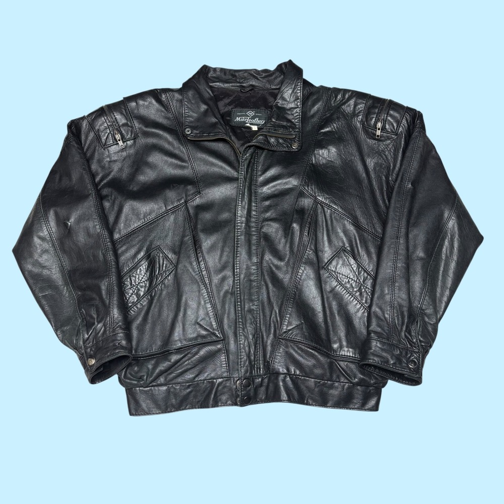 Vintage Mikeleather Spain Black Leather Bomber Jacket Size 44 Retro 80s 90s